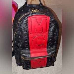 MCM Black Backpack with Red Logo Panel